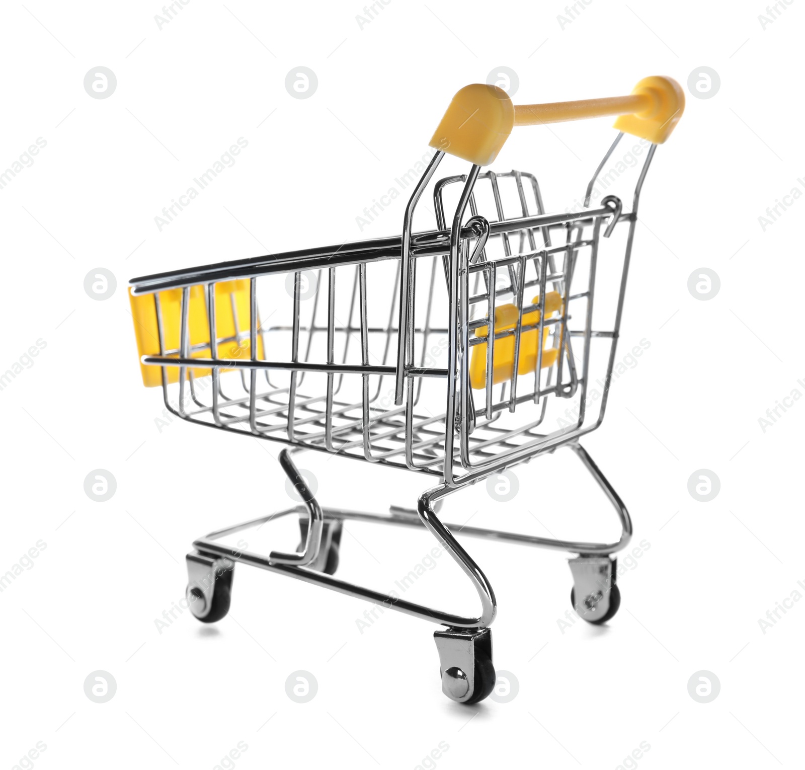 Photo of Empty metal shopping trolley isolated on white