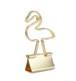 Photo of Flamingo shaped binder clip isolated on white. Stationery item