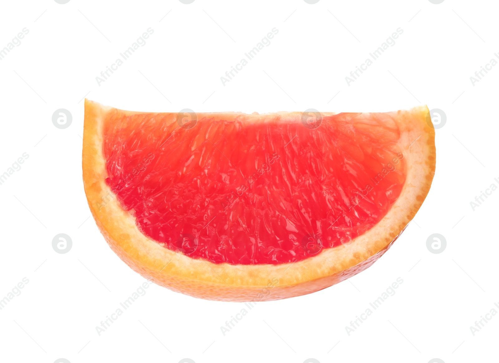 Photo of Slice of ripe juicy grapefruit on white background