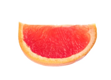 Photo of Slice of ripe juicy grapefruit on white background