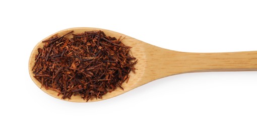 Rooibos tea in spoon isolated on white, top view