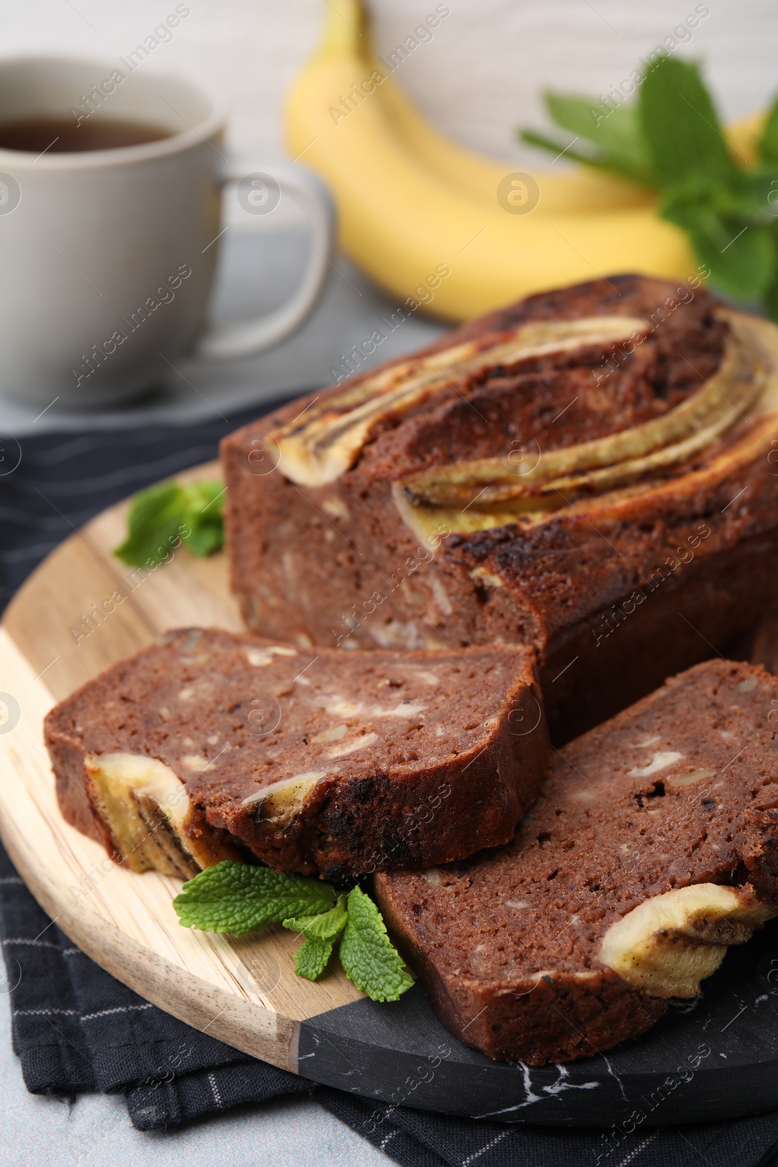 Photo of Delicious homemade banana bread on table, closeup