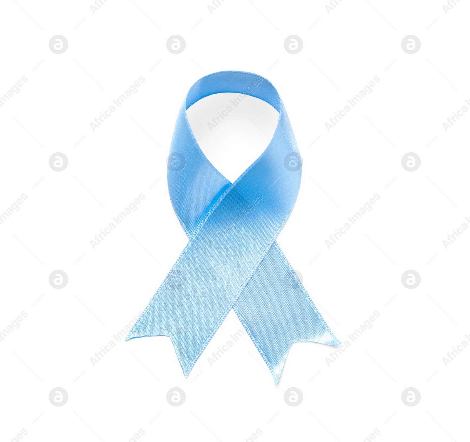 Photo of Light blue awareness ribbon on white background, top view