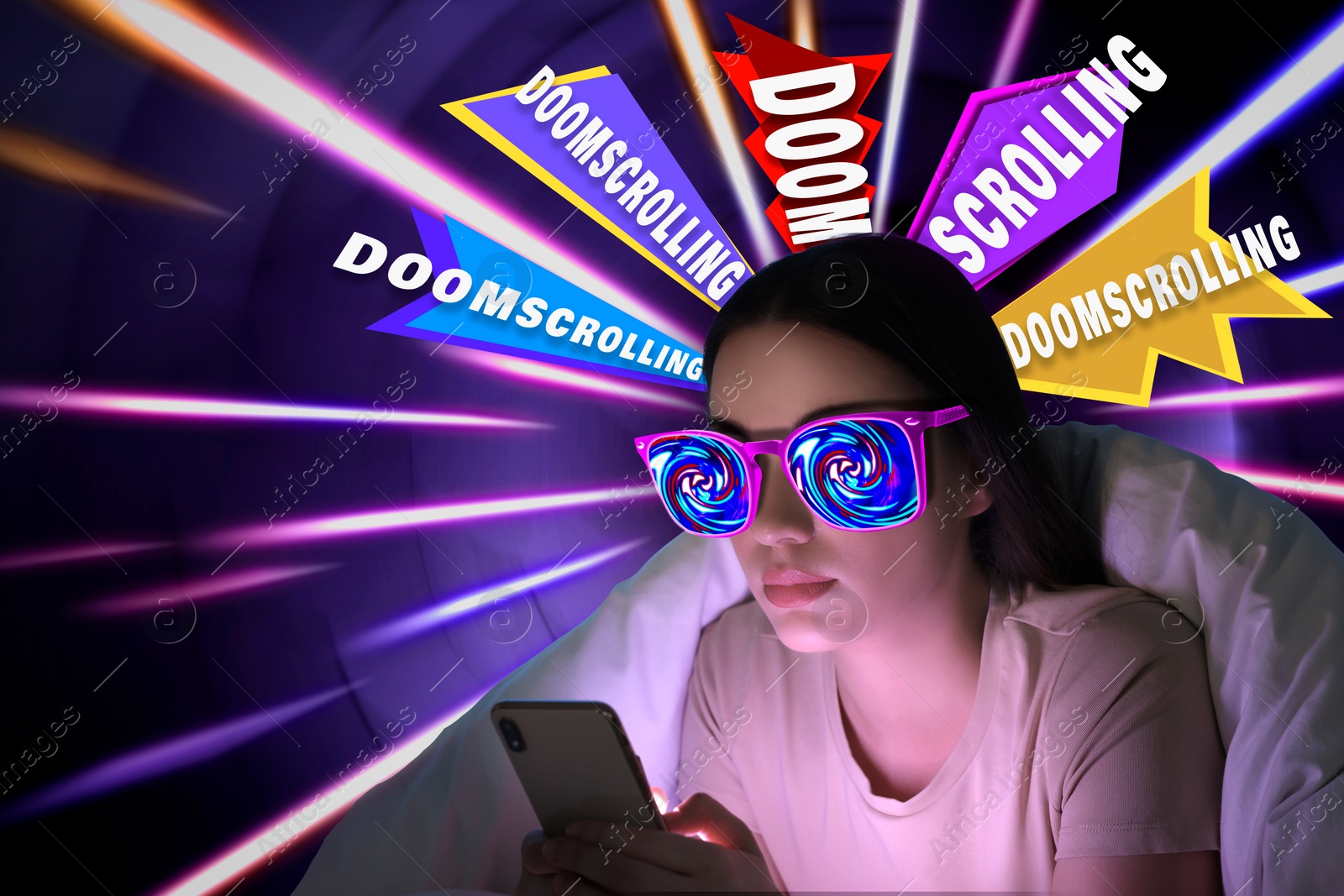 Image of Doomscrolling concept. Woman in bright sunglasses reading negative news via mobile phone. Words sticking out from from her head on bright background