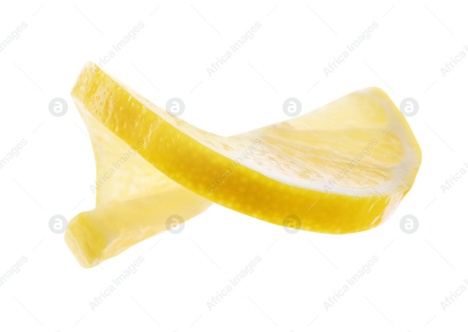 Photo of Slice of fresh juicy lemon on white background