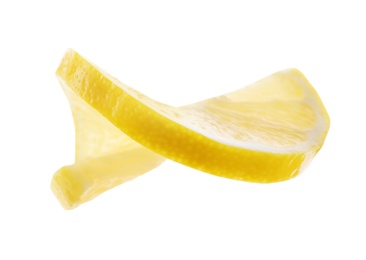 Photo of Slice of fresh juicy lemon on white background