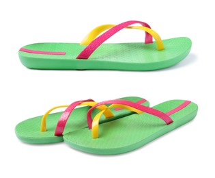 Image of Pairs of green flip flops on white background, collage