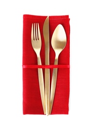 Photo of Napkin with golden cutlery on white background, top view