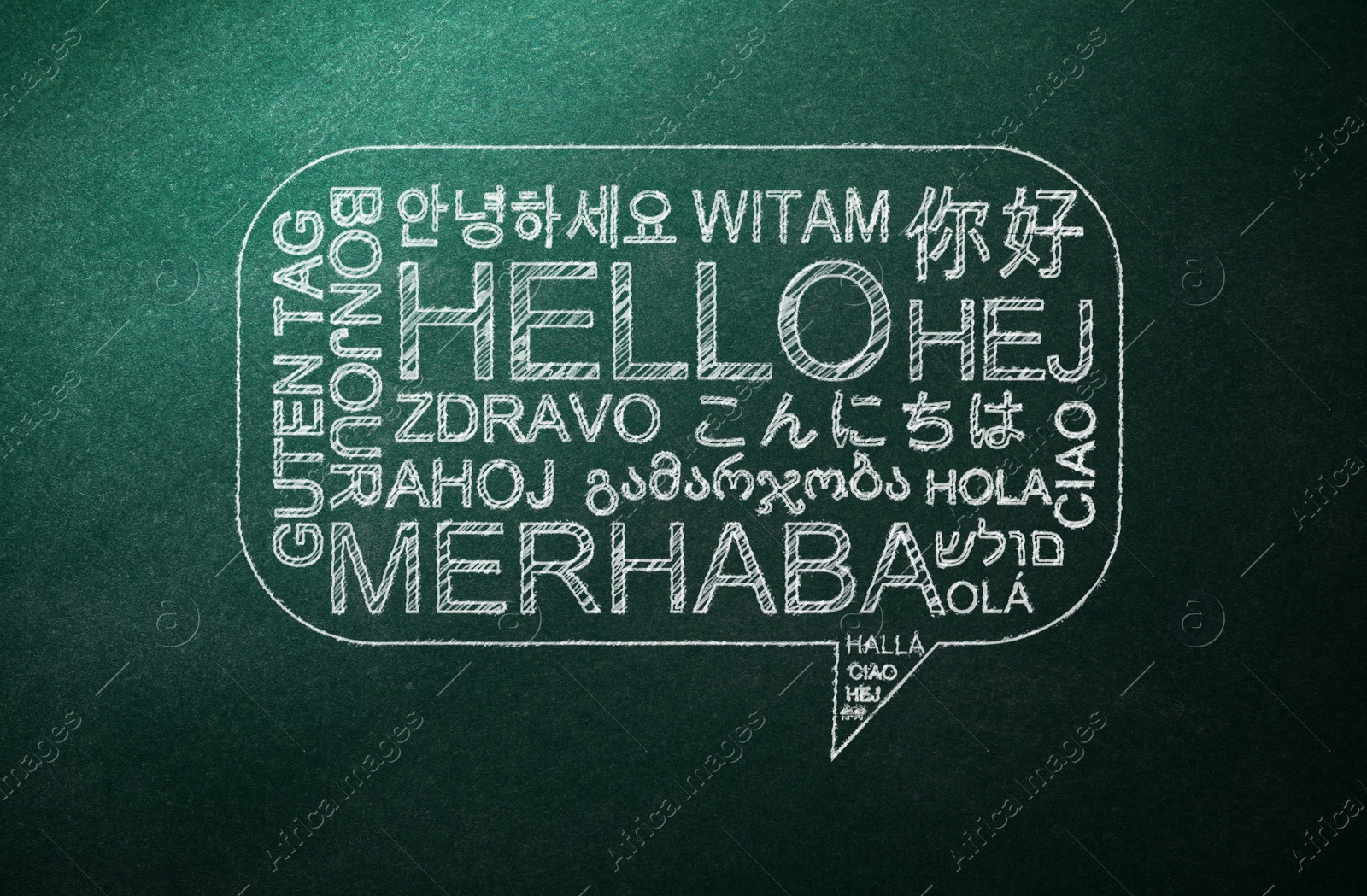 Illustration of Greeting words in different foreign languages written on green chalkboard