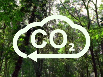 Concept of clear air. CO2 inscription in illustration of cloud with arrow and green trees, low angle view