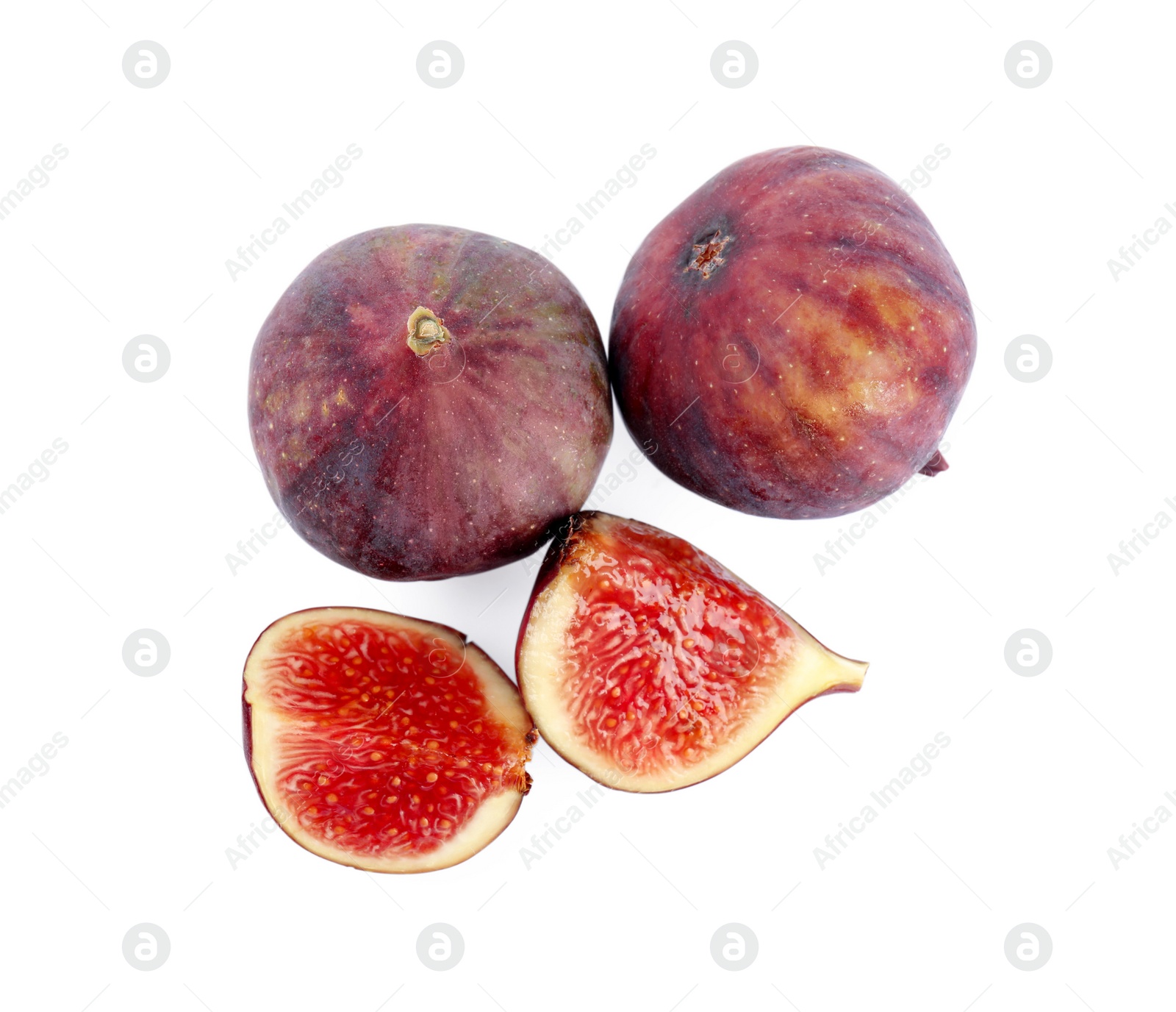 Photo of Tasty fresh fig fruits on white background, top view