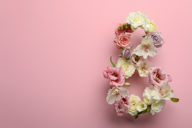 Photo of Number 8 made of beautiful flowers on pink background, flat lay with space for text. International Women's day
