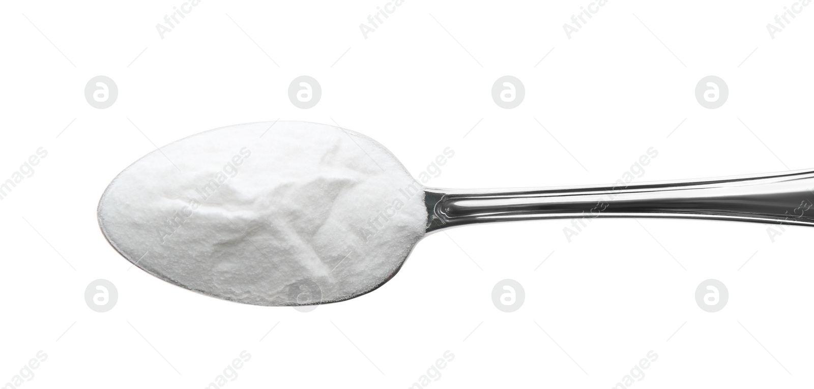 Photo of Spoon of baking soda isolated on white, top view