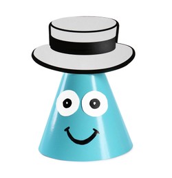 Bright party hat with funny face isolated on white. Handmade decoration