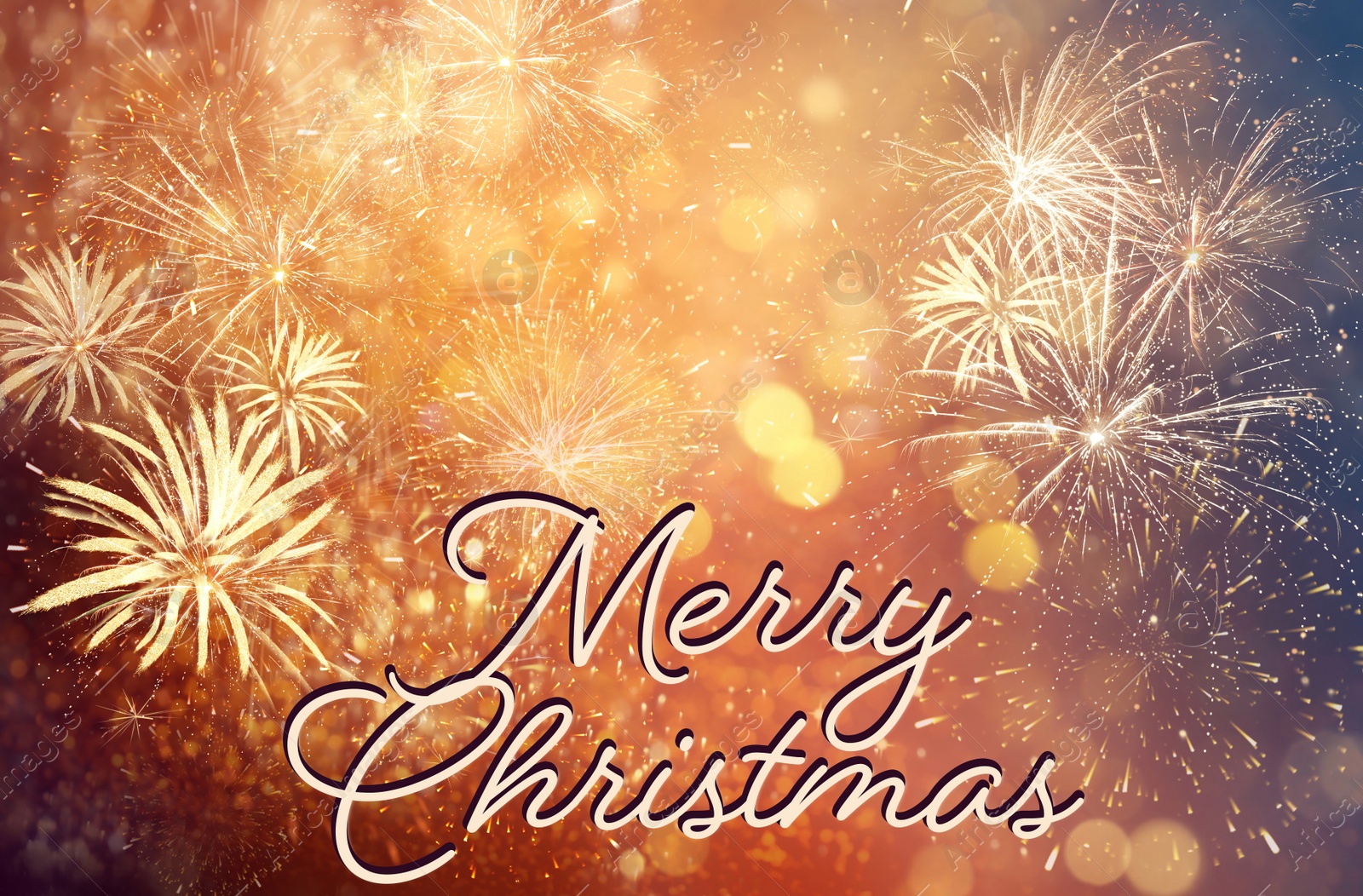 Image of Text Merry Christmas on festive background with fireworks. Bokeh effect