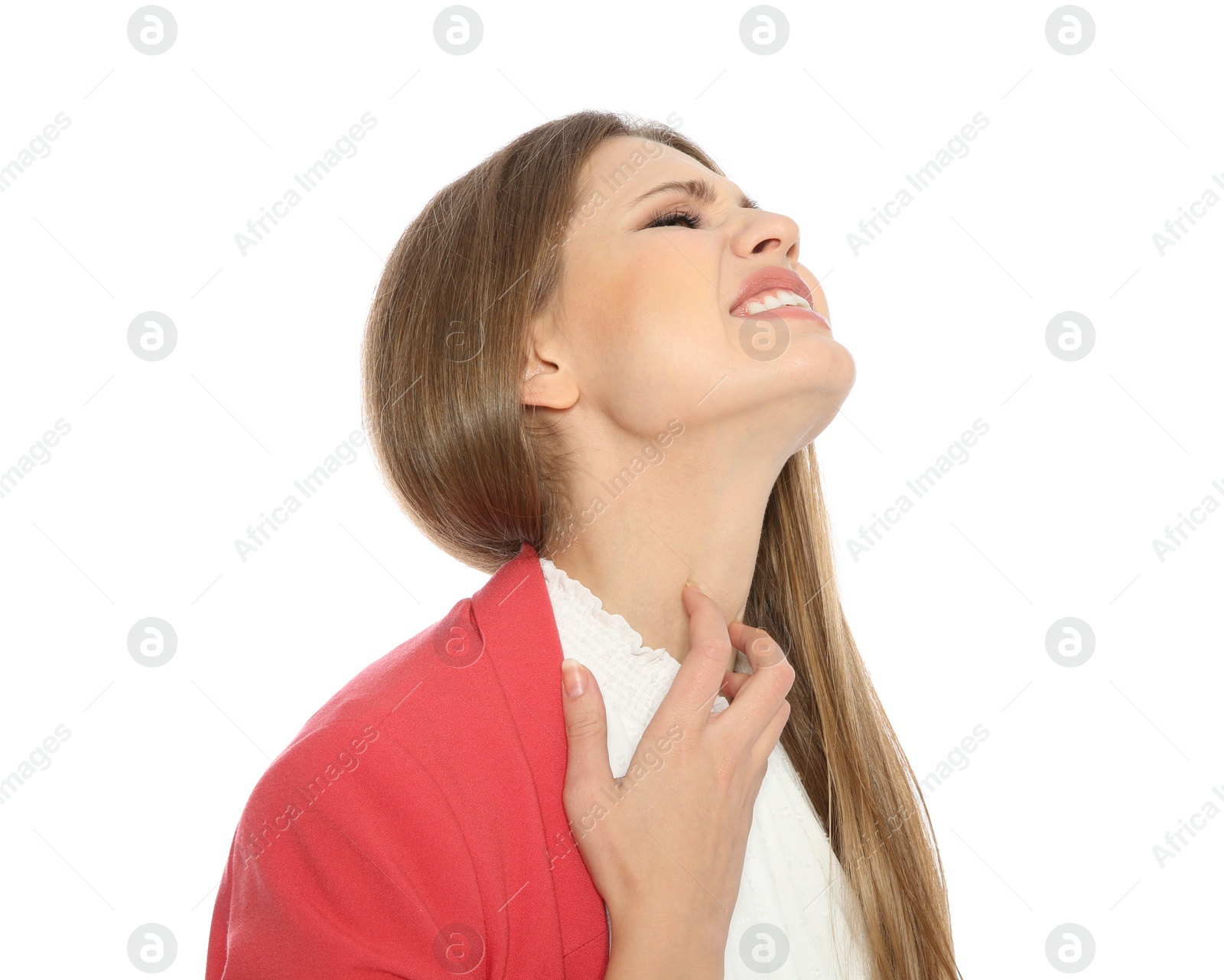 Photo of Young woman scratching neck on white background. Annoying itch