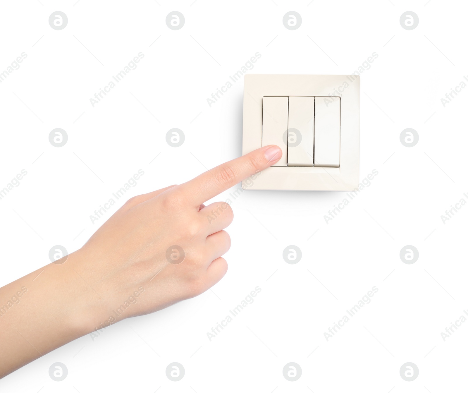 Photo of Woman pressing light switch on white background, closeup