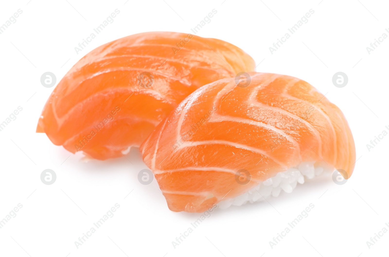 Photo of Delicious nigiri sushi with salmon isolated on white