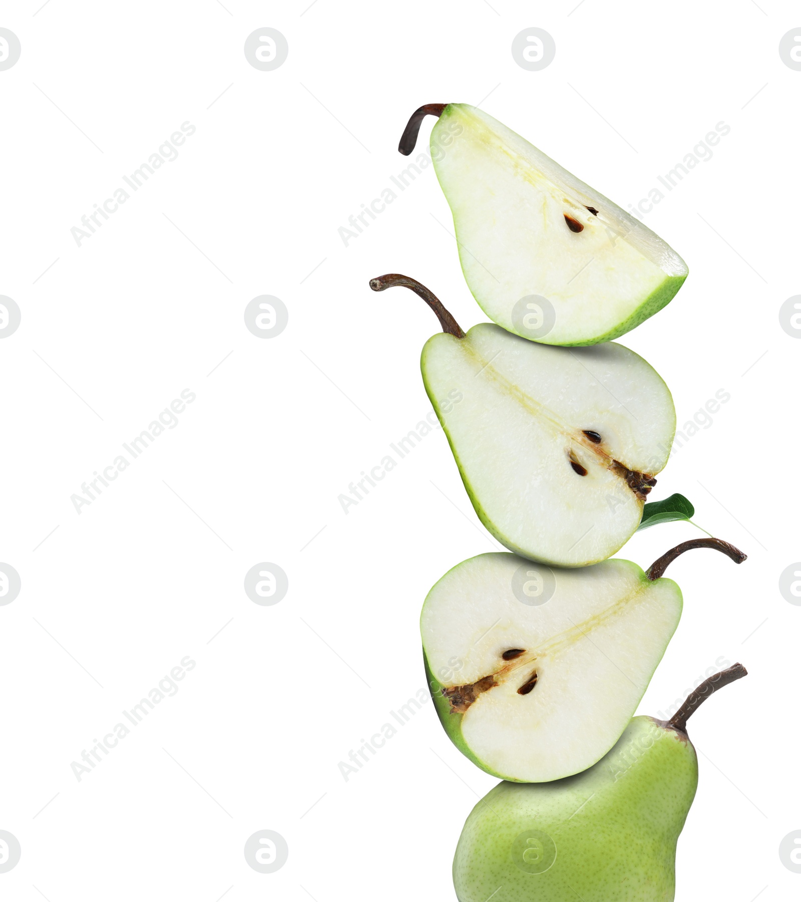 Image of Cut and whole fresh ripe pears on white background