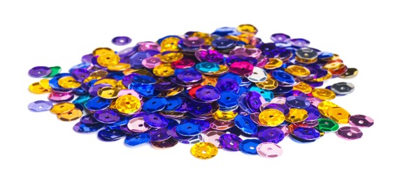 Photo of Pile of colorful sequins isolated on white