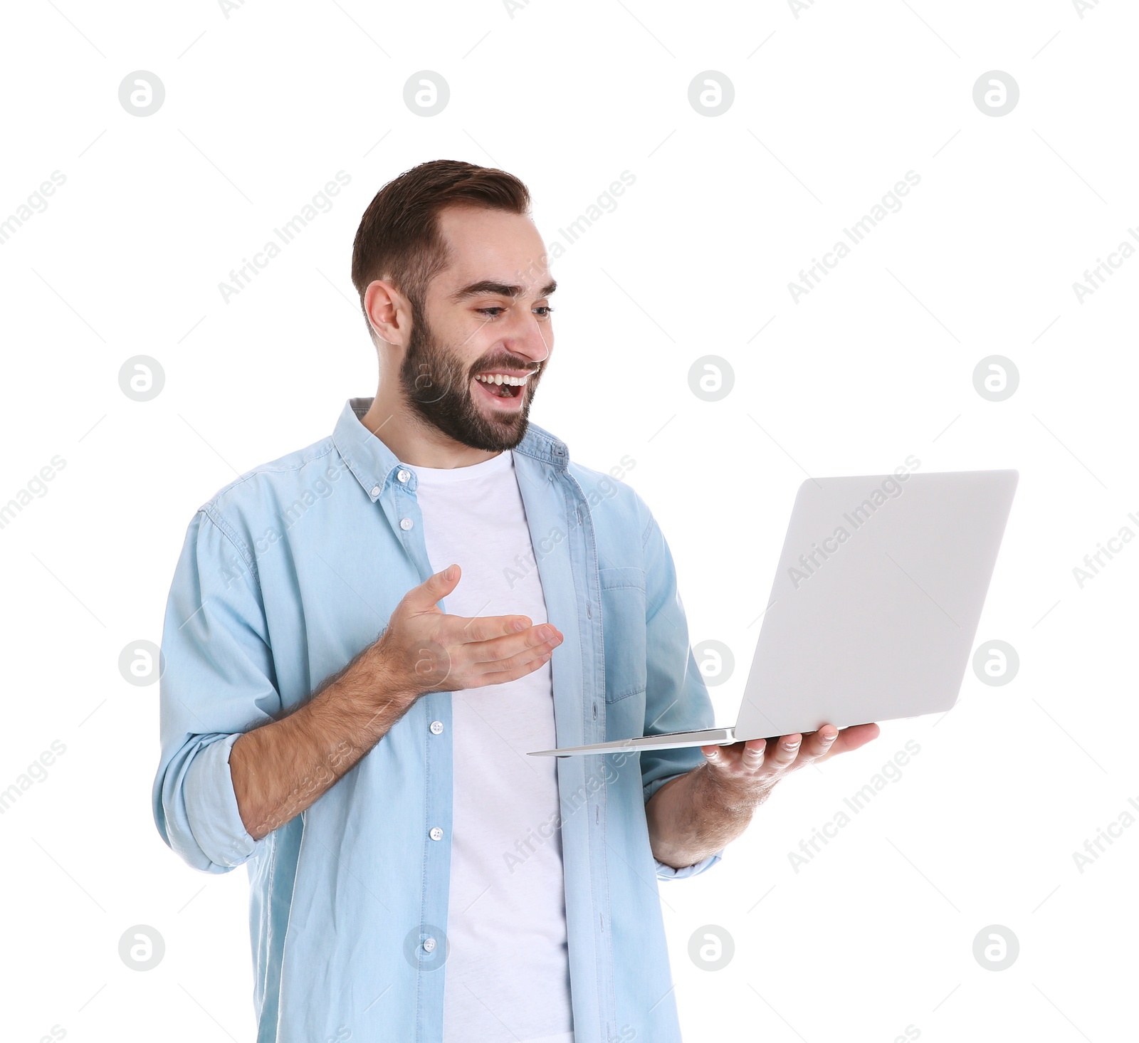 Photo of Man using laptop for video chat isolated on white