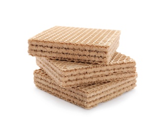 Delicious crispy wafers on white background. Sweet food