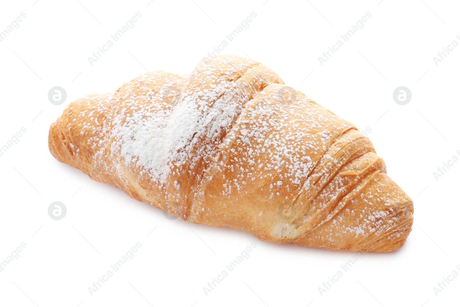 Photo of Tasty croissant with sugar powder on white background