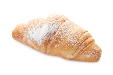 Tasty croissant with sugar powder on white background