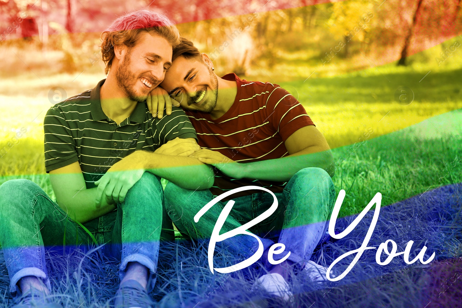 Image of Be You, coming out. Happy gay couple outdoors, toned in rainbow colors