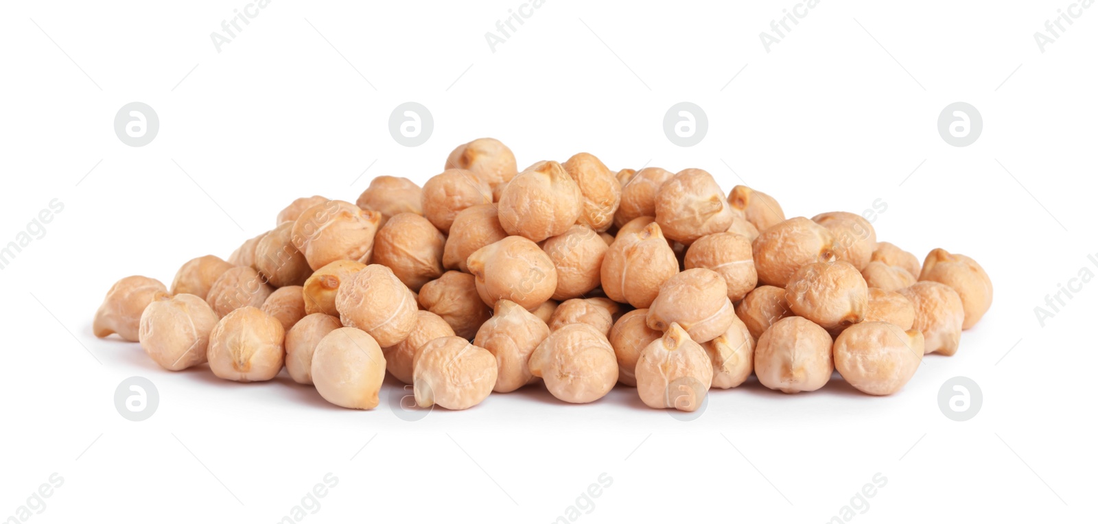 Photo of Pile of raw chickpeas on white background