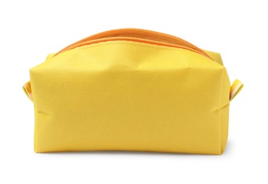 Photo of Stylish yellow cosmetic bag isolated on white