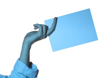 Man holding sheet of paper on white background, closeup and space for text. Color tone effect