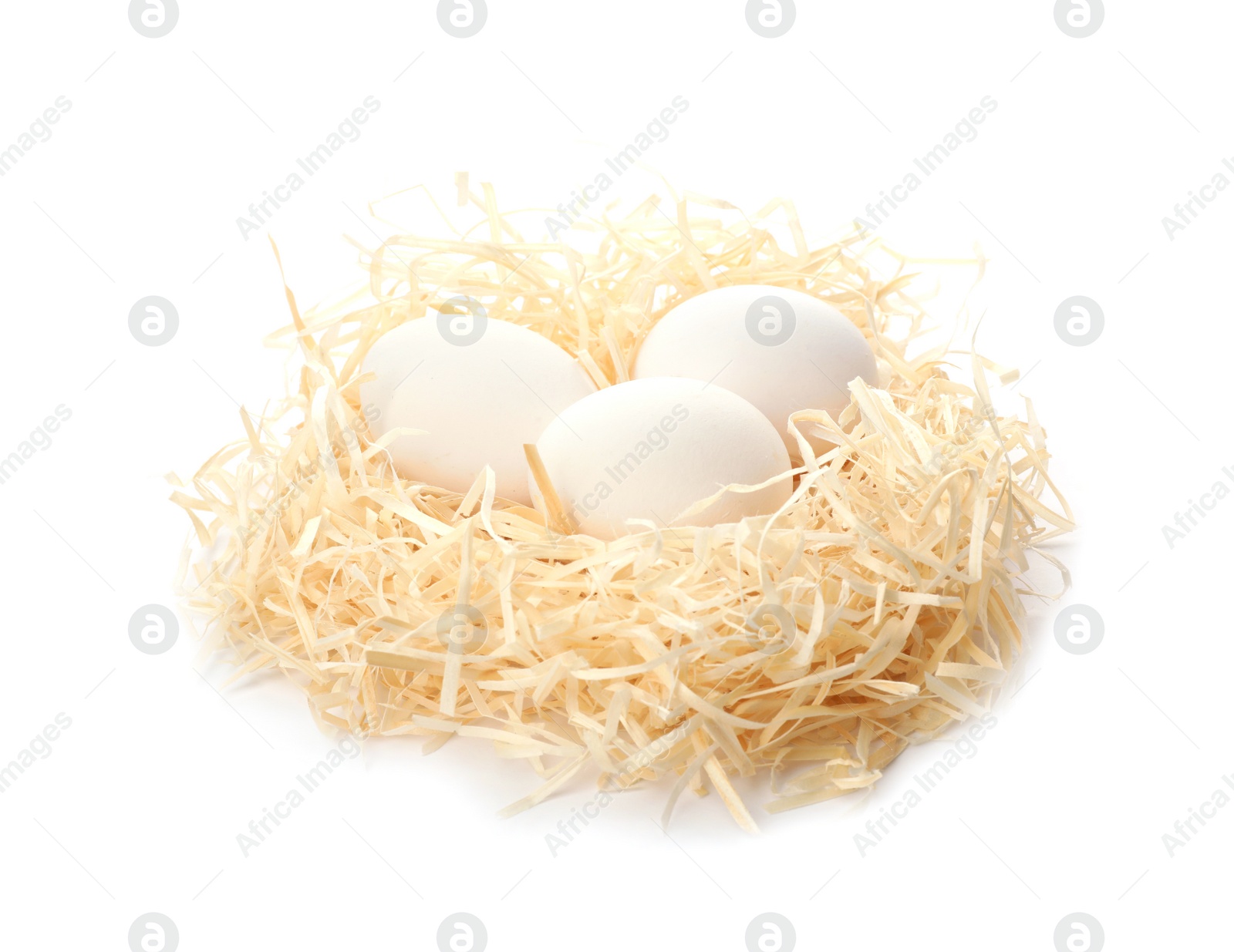 Photo of Nest with eggs on white background. Pension concept