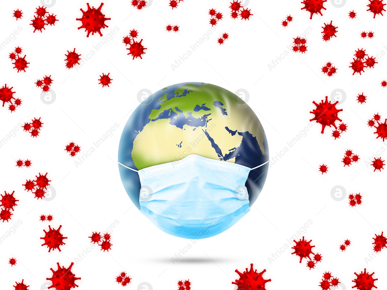 Image of Illustration of Earth with medical mask on white background. Dangerous coronavirus