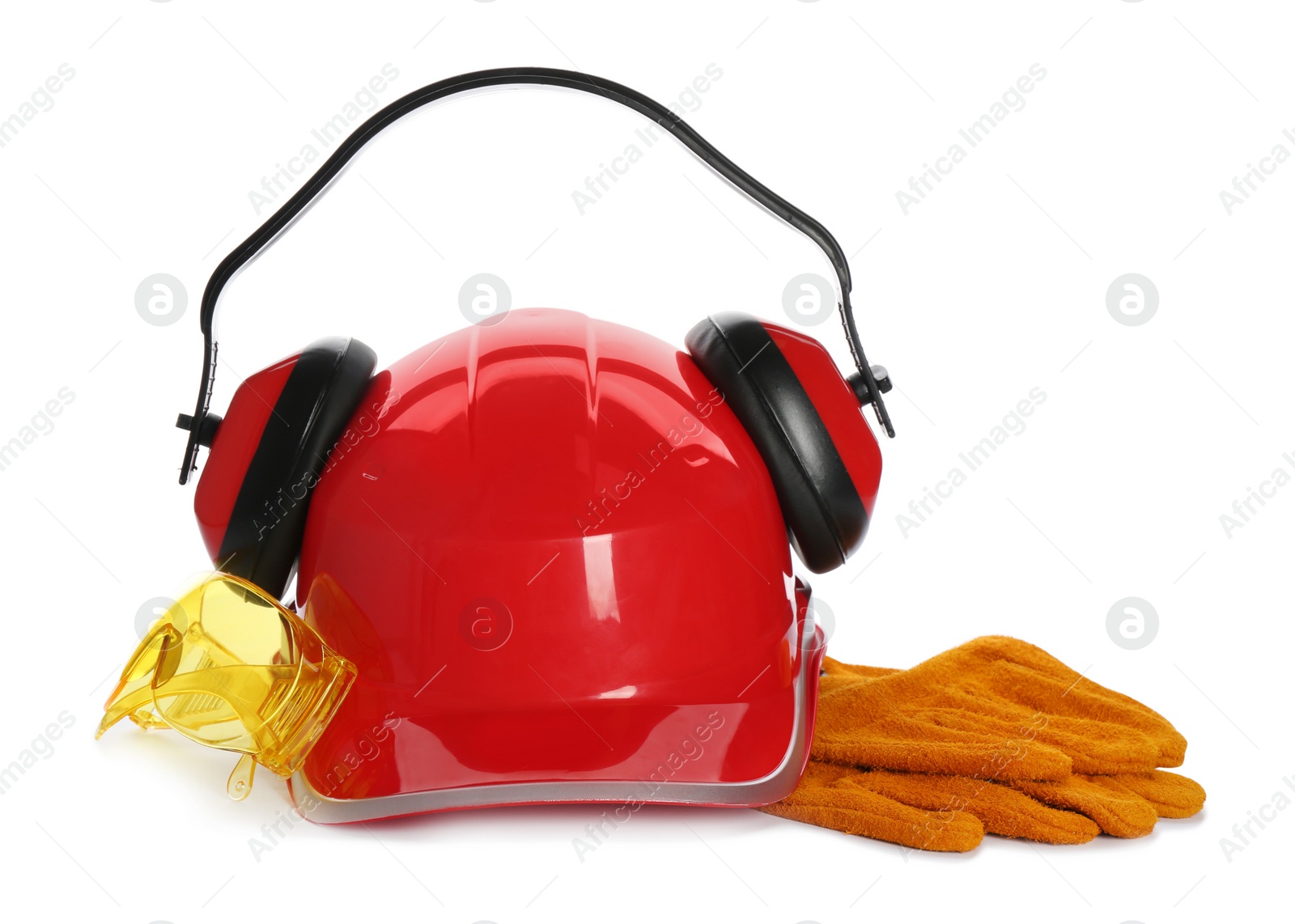 Photo of Protective workwear on white background. Safety equipment