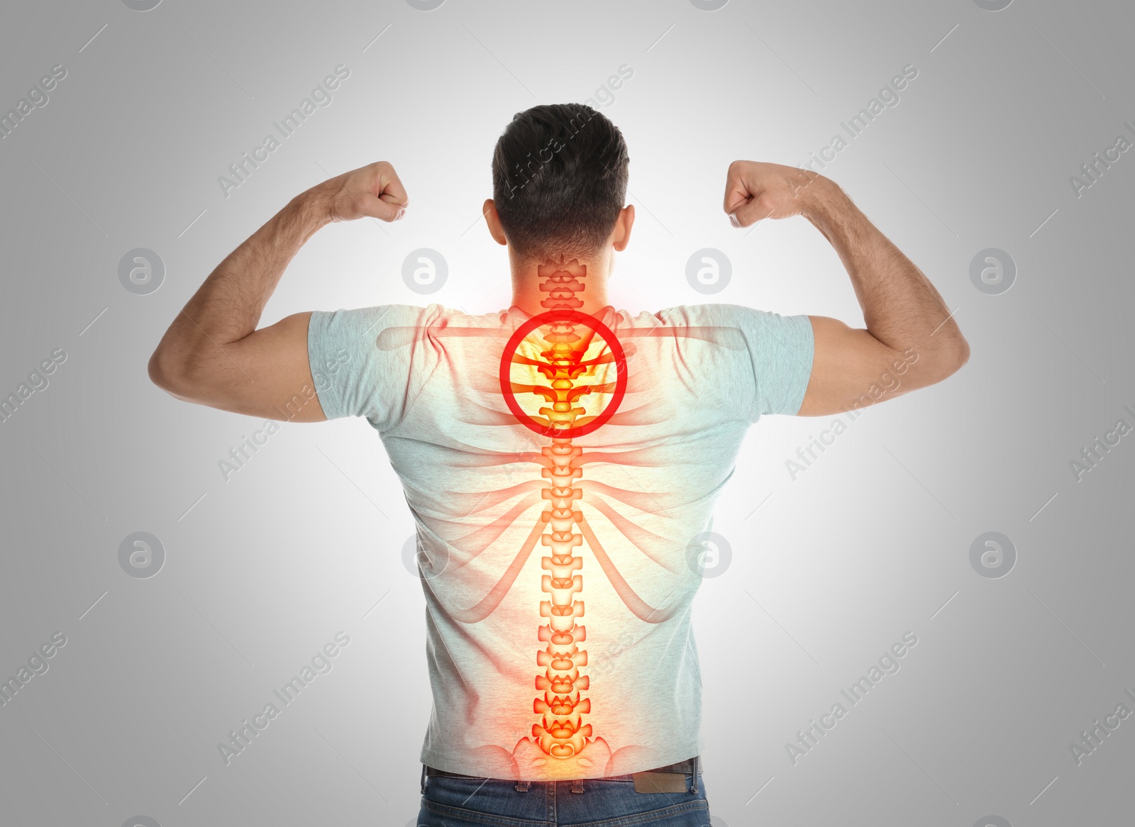 Image of Man with healthy back on light background. Spine pain prevention