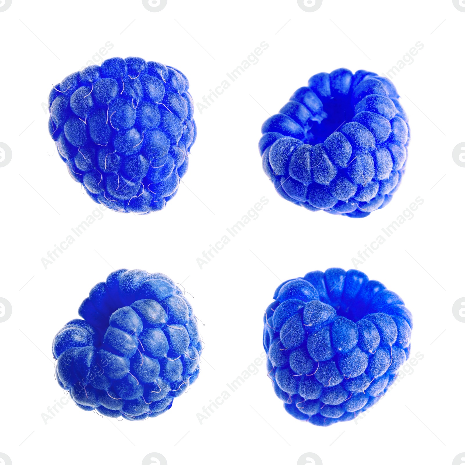 Image of Set with fresh tasty blue raspberries on white background