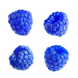 Set with fresh tasty blue raspberries on white background