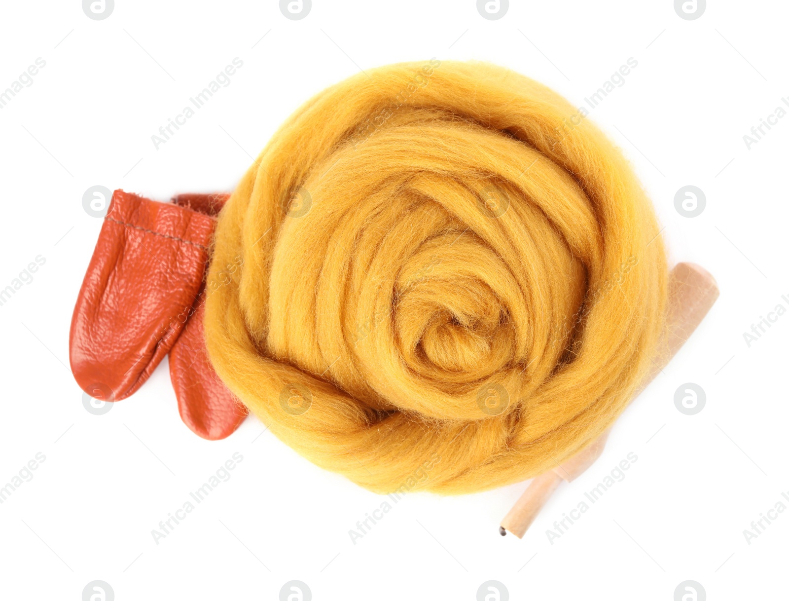 Photo of Orange felting wool and tools isolated on white, top view
