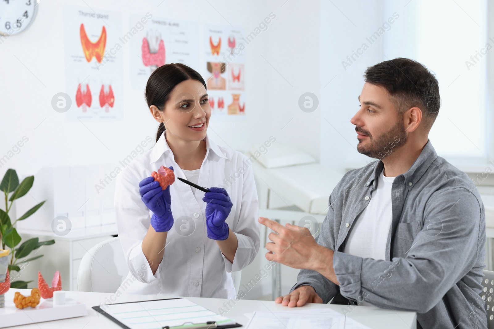 Photo of Endocrinologist showing thyroid gland model to patient at table in hospital