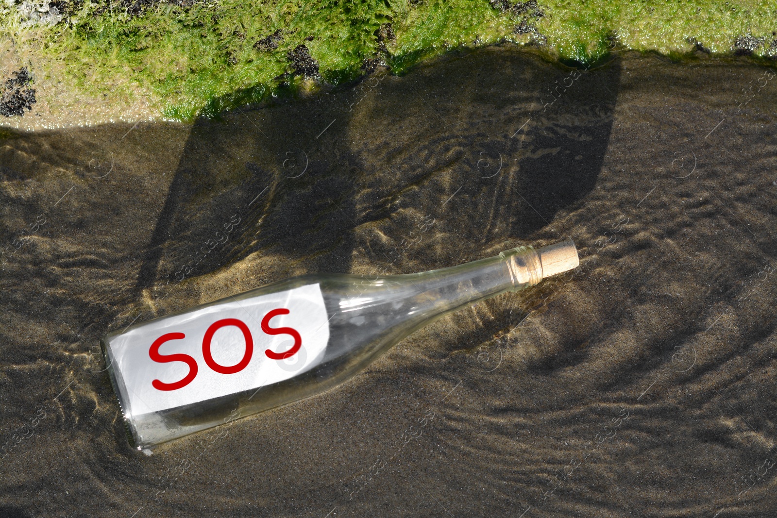 Photo of Glass bottle with SOS message near sea rock