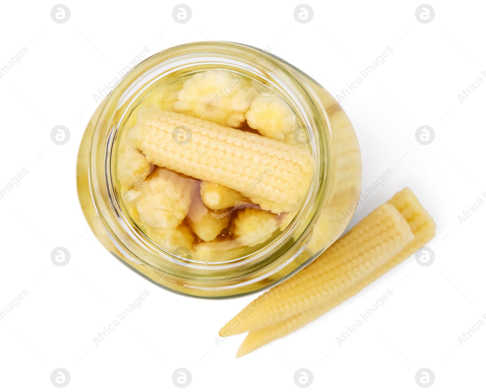 Photo of Jar and pickled baby corn isolated on white, top view