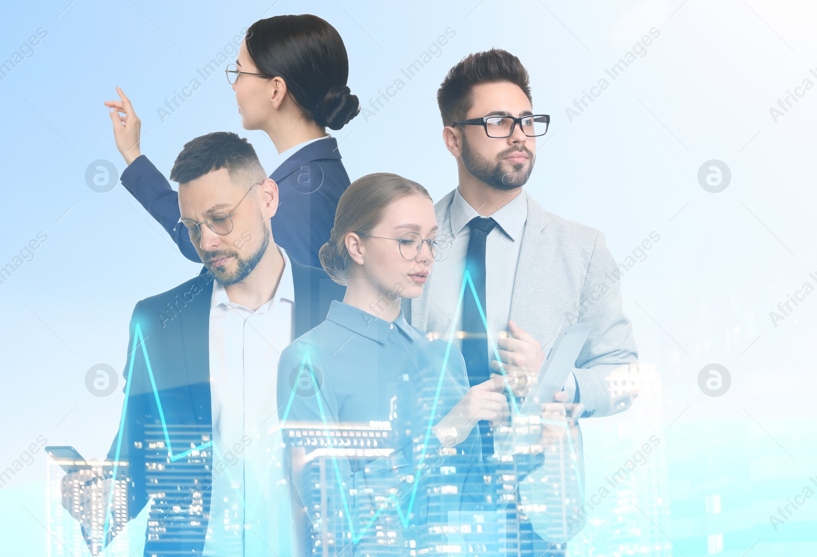 Image of Forex trading. Double exposure of business people and cityscape 