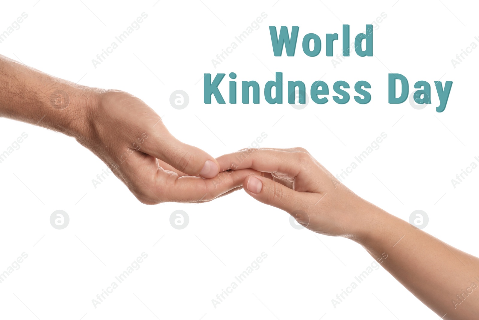 Image of World Kindness Day concept. People holding hands on white background, closeup