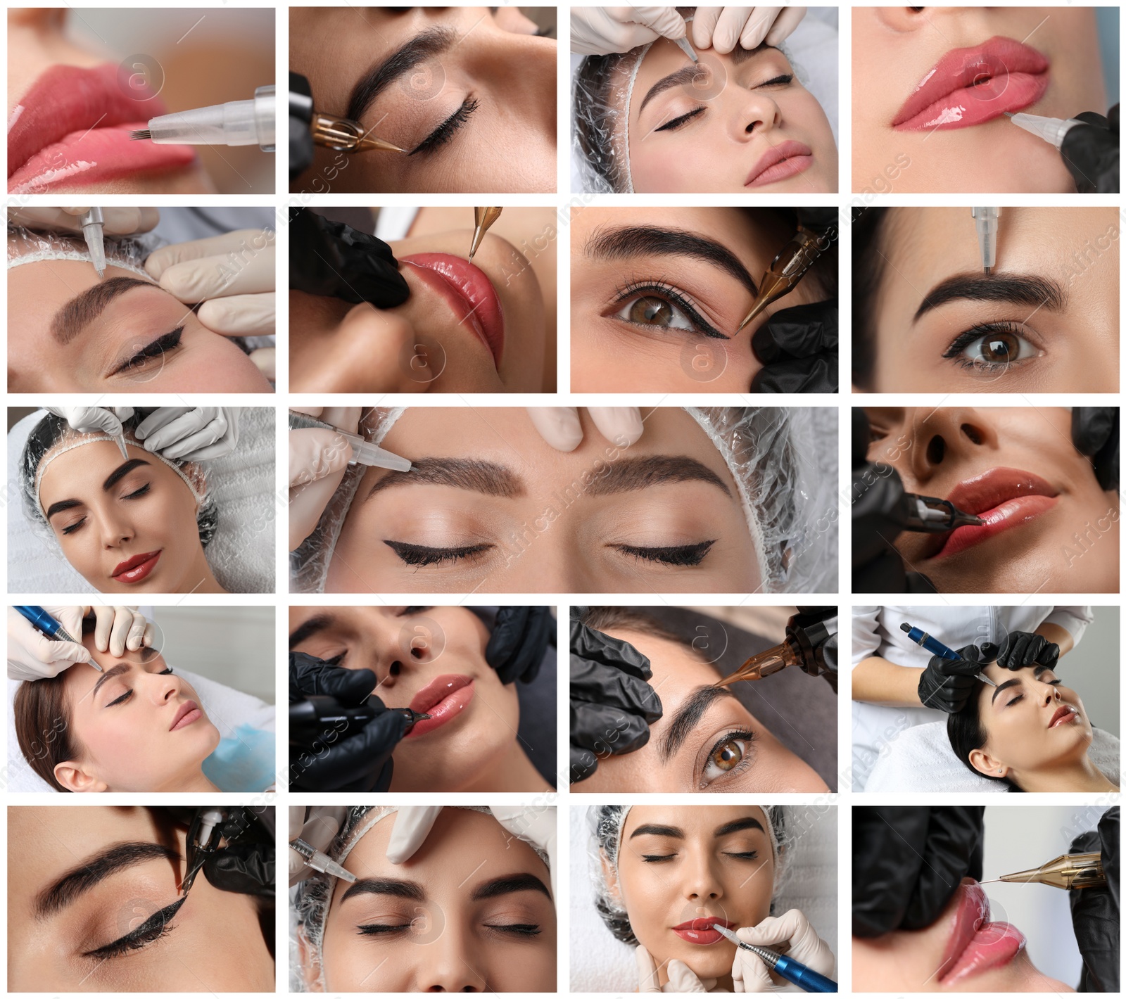 Image of Collage with different photos of women undergoing permanent makeup procedures