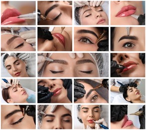 Collage with different photos of women undergoing permanent makeup procedures