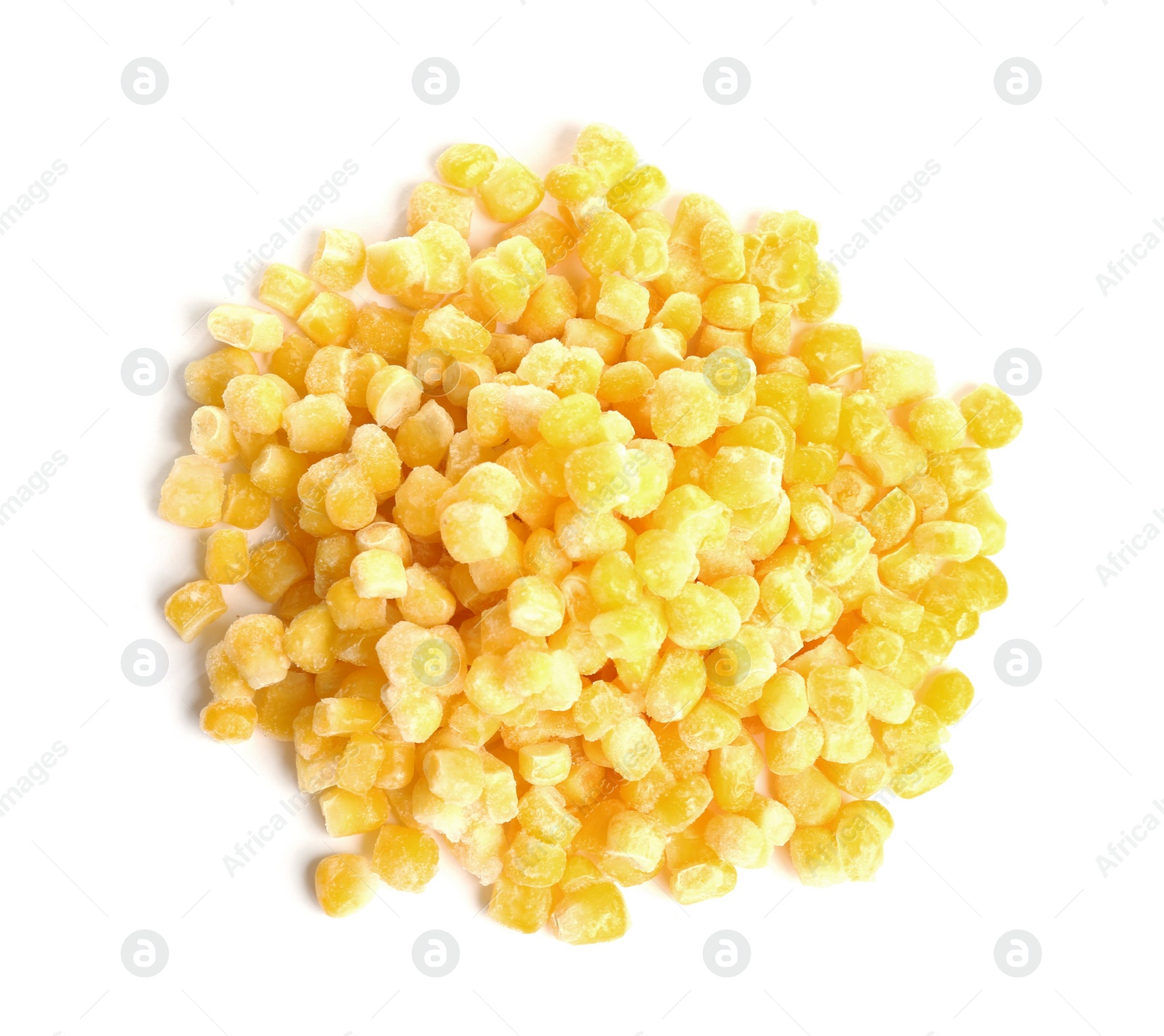 Photo of Pile of frozen corn isolated on white, top view. Vegetable preservation