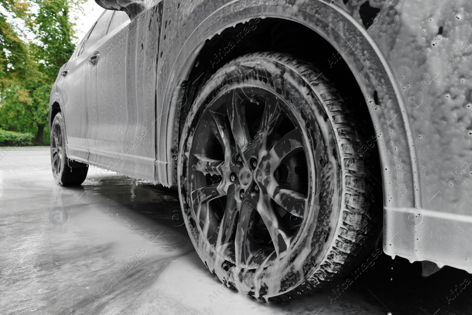 Photo of Auto with cleaning foam at car wash, closeup