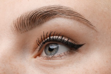 Photo of Makeup product. Woman with black eyeliner and beautiful eyebrow, closeup