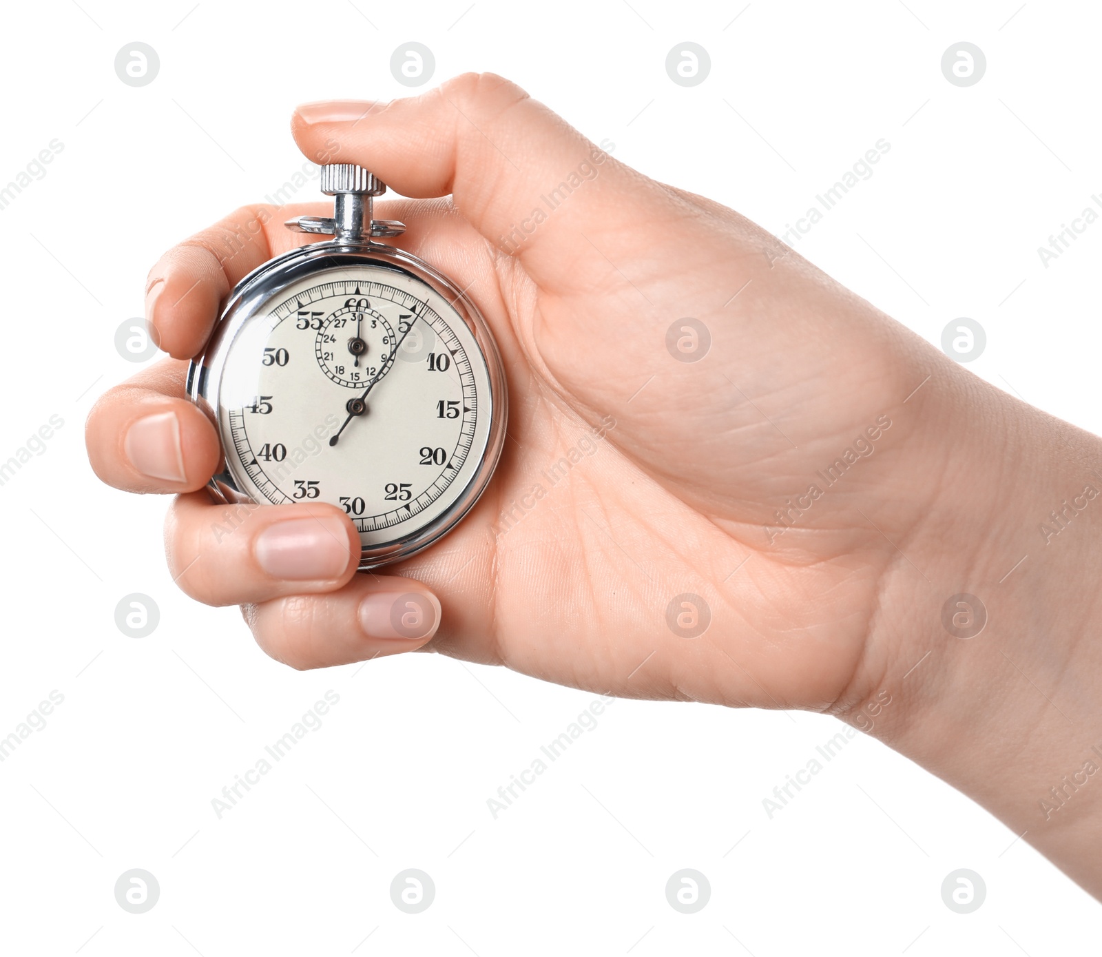 Photo of Woman holding vintage timer on white background, closeup